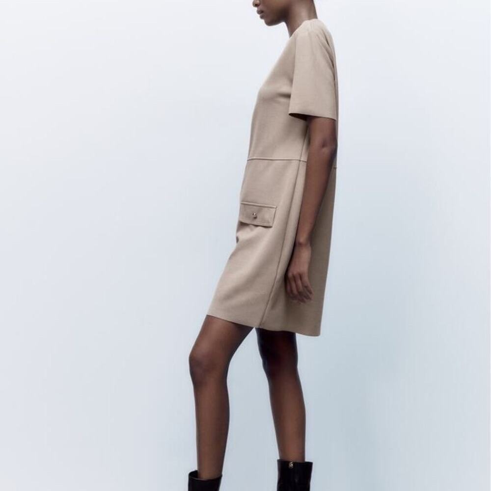 NEW Zara Beige Nude Faux Leather Suede Short Sleeve Mini Tee T-Shirt Dress M - Picture 2 of 8